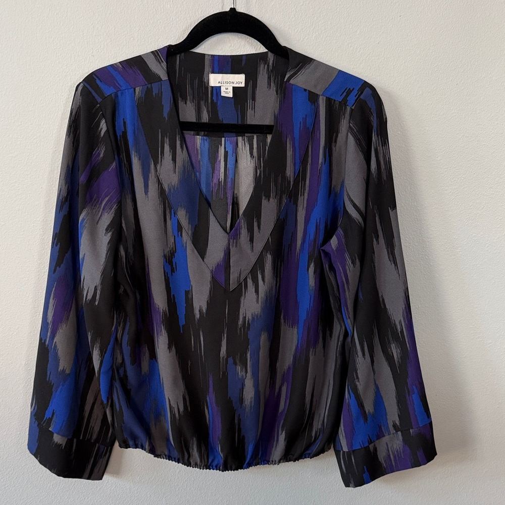 Allison Joy Abstract Black, Gray & Blue V-Neck Blouse